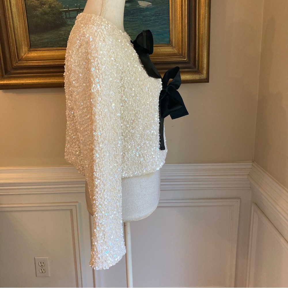 COMMENSE Cream Sequin Black Ribbon Bow Cardigan Jacket NWT - Picture 5 of 16